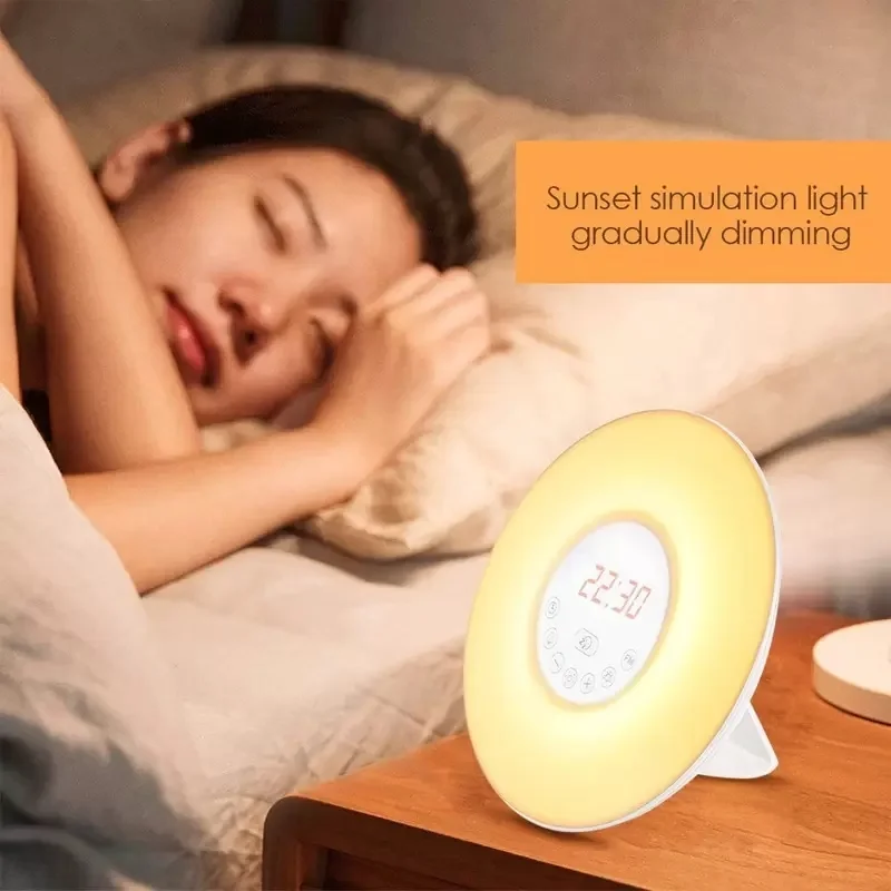 

LED Lights with Digital Alarm Clock Night Light Sunrise Sunset Snooze Wake Up FM Radio Colorful Light Touch Sensor Bedside Lamp