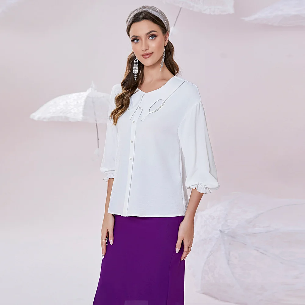 Summer White Pearl Mid-sleeve Shirt Tops for Muslim Women Top Blouses Islamic Clothing Abaya Dubai Arabic Chemise Femme Arabe