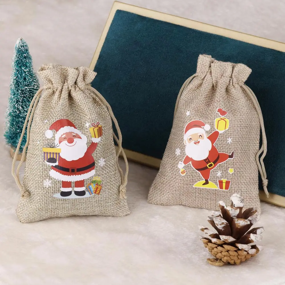 

Christmas Linen Burlap Bag Cute Santa Elk Tree Drawstring Gift Bags Christmas New Year Candy Treat Gifts Packaging Pouches