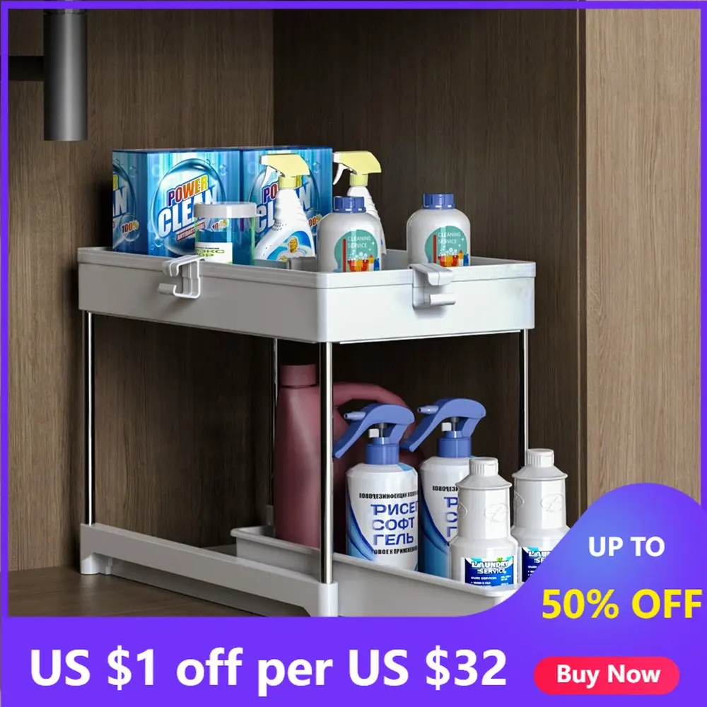 

Under Sink Storage Organizer Sliding Drawer Cabinet Seasoning Holder Spice Jar Bottle Storage Rack Kitchen Countertop 2 Layers