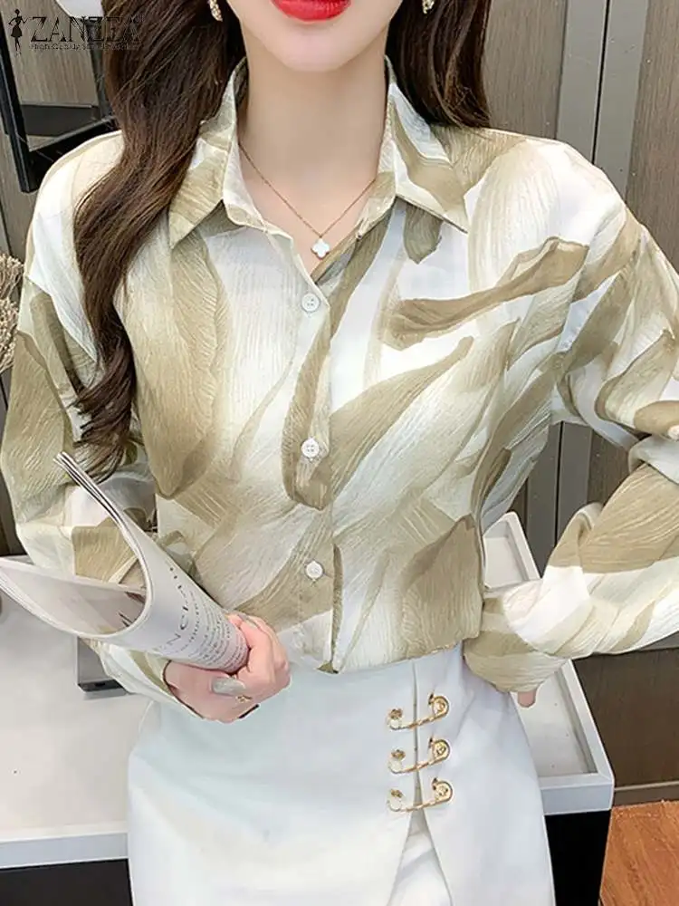 

2023 ZANZEA Women Elegant Shirts 2023 Autumn Long Sleeve Tops Tunic Casual Prinetd Button Up Blusas Femininas OL Streetwears