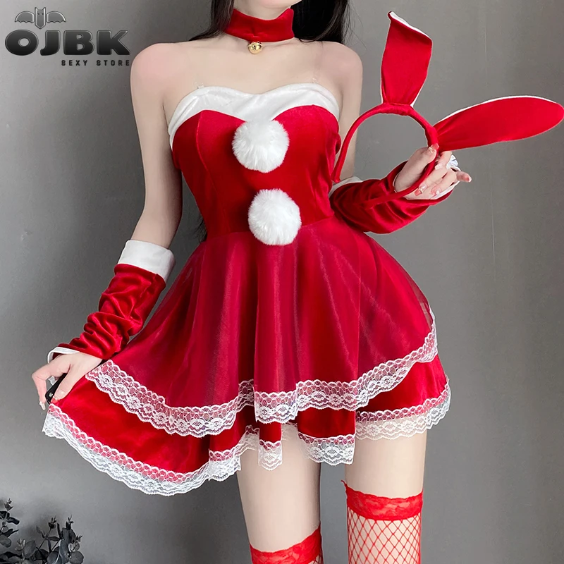 

OJBK Santa Lingerie Christmas Lace Dress Plush Red Christmas Cosplay Costumes Sexy Erotic Underwear Sleeveless Strap Nightdress