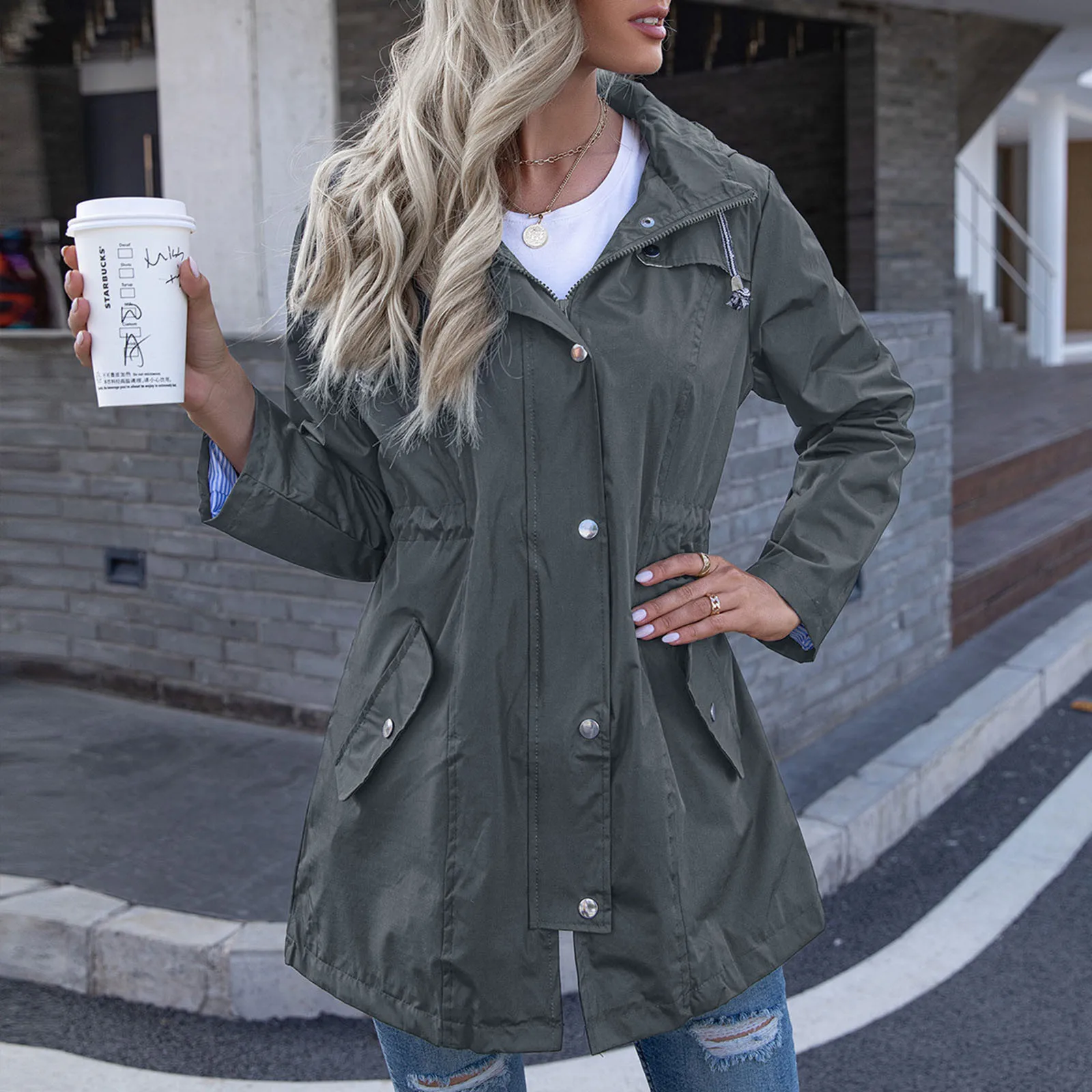 

Women Hooded Rainproof Slim Waist Jacket Zipper Raincoat Juniors Long Jackets Fleece Sweaters Women Fleece Cardigan for Women