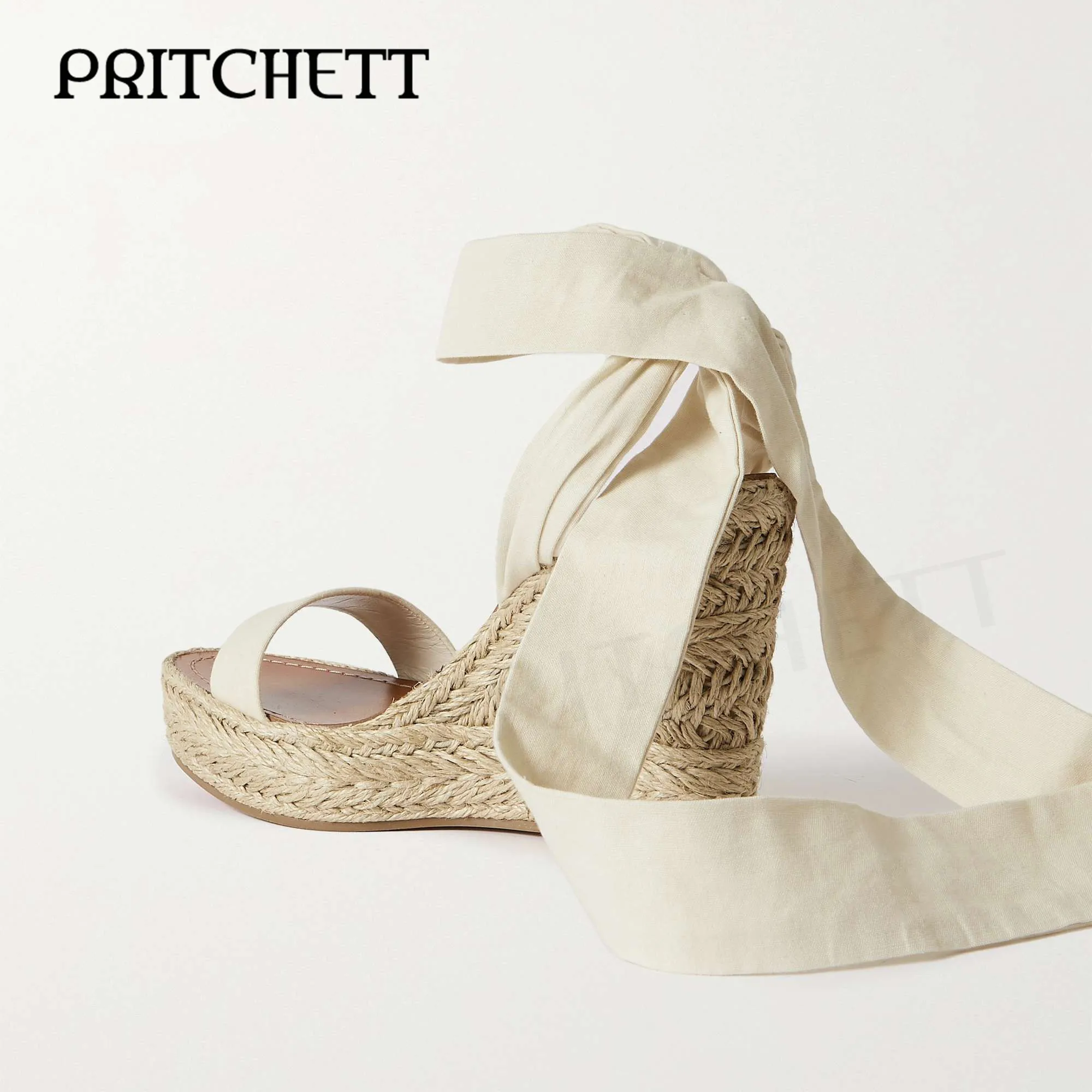 White Cotton Canvas Espadrille Wedge Sandals Round Toe Wedge High Heel Sandals Temperament Comfortable Ankle Strap Women's Shoes
