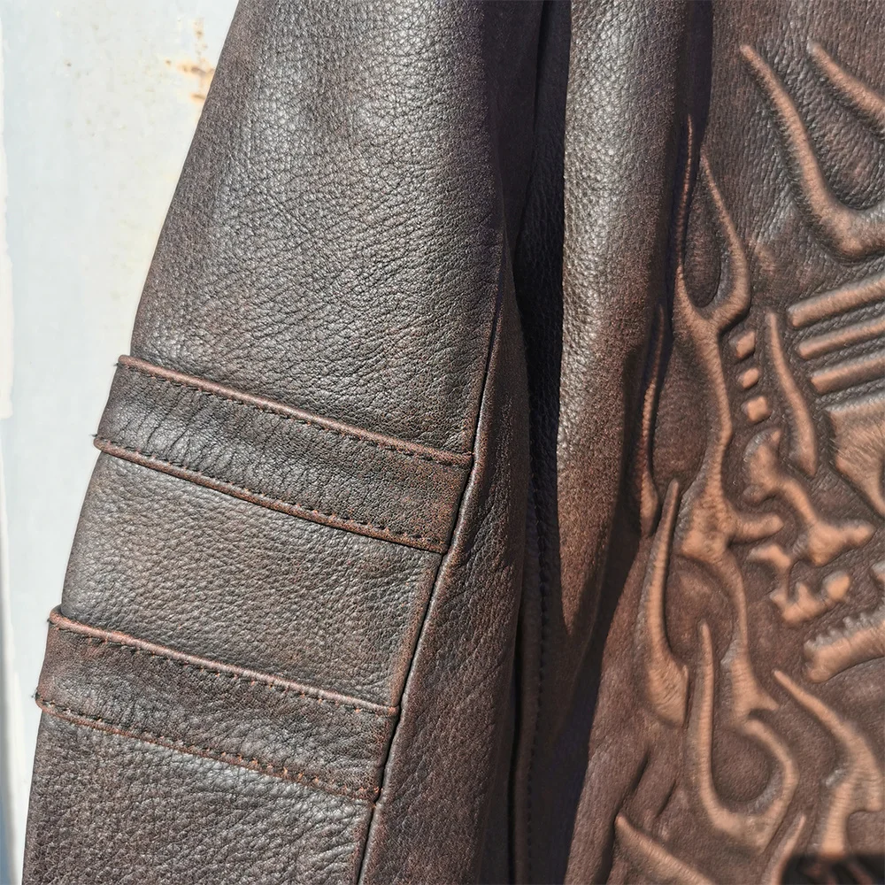 

Super Vintage Motorcycle Jacket Men Leather Coat Natural 100% Cowhide 3D Print Skull Male Moto Biker Clothing Asian Size M299