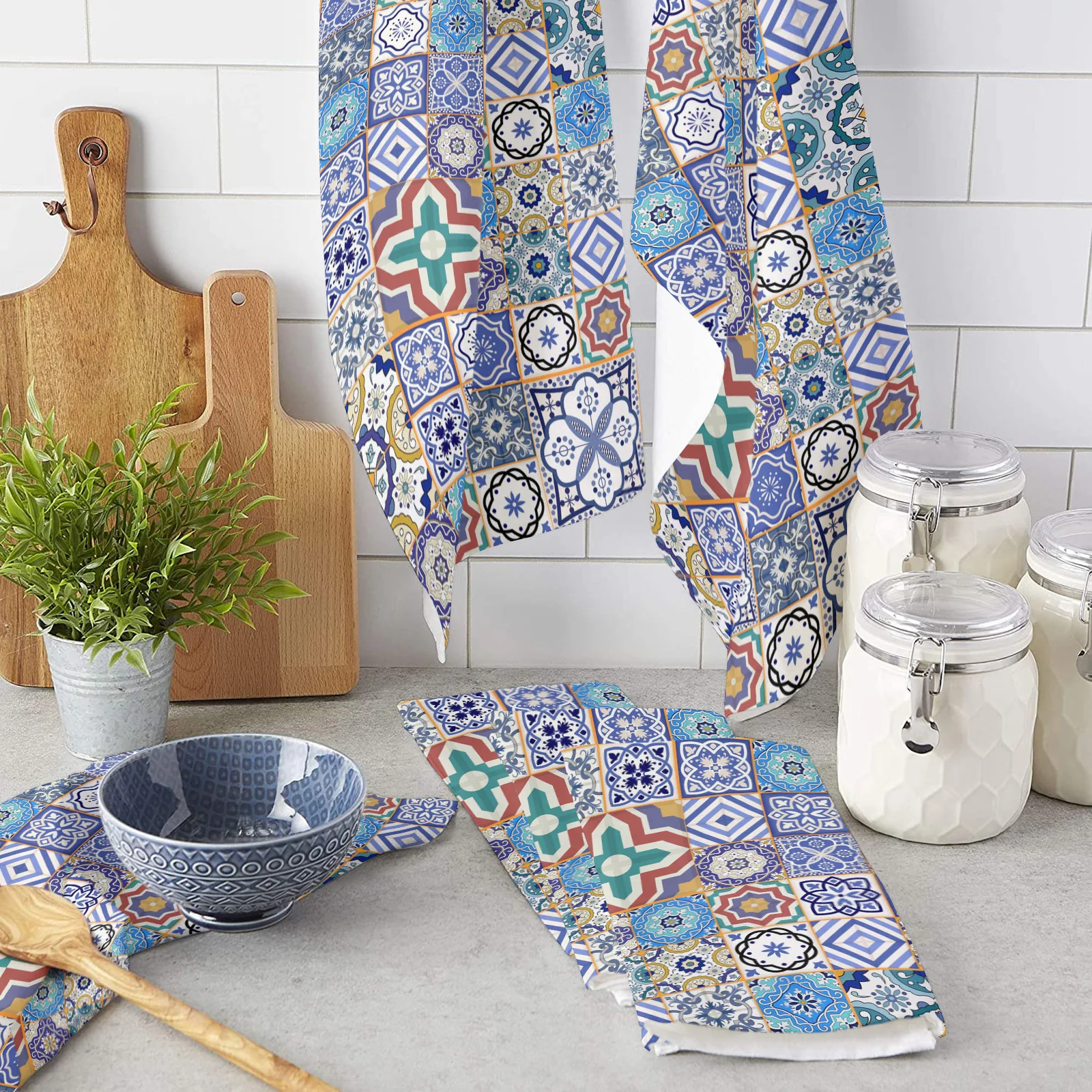 

Moroccan Tiles Colorful Arabesque Kitchen Cleaning Towel Microfiber Absorbent Dishcloths for Kitchen Rags Cleaning Tool