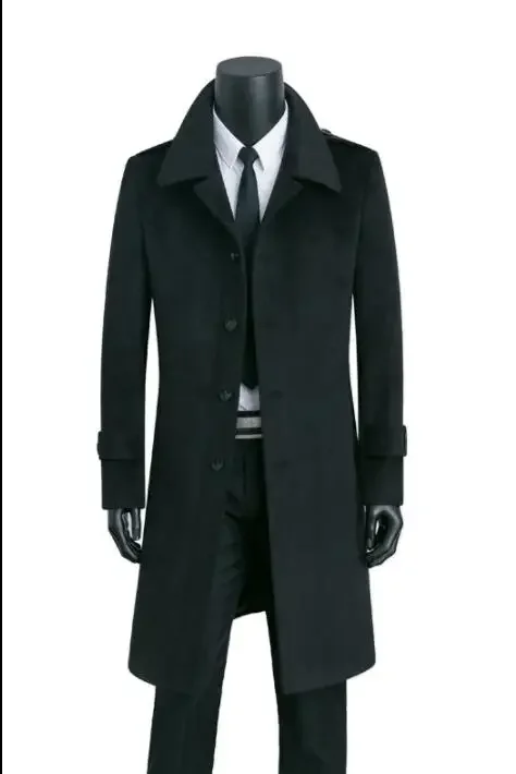 Мужское повседневное шерстяное пальто черное утепленное однобортное