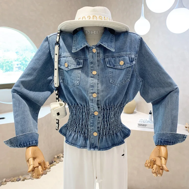 

Новая женская одежда 2022, Весенняя короткая дизайнерская джинсовая куртка со складками, универсальные повседневные топы с длинным рукавом, ...