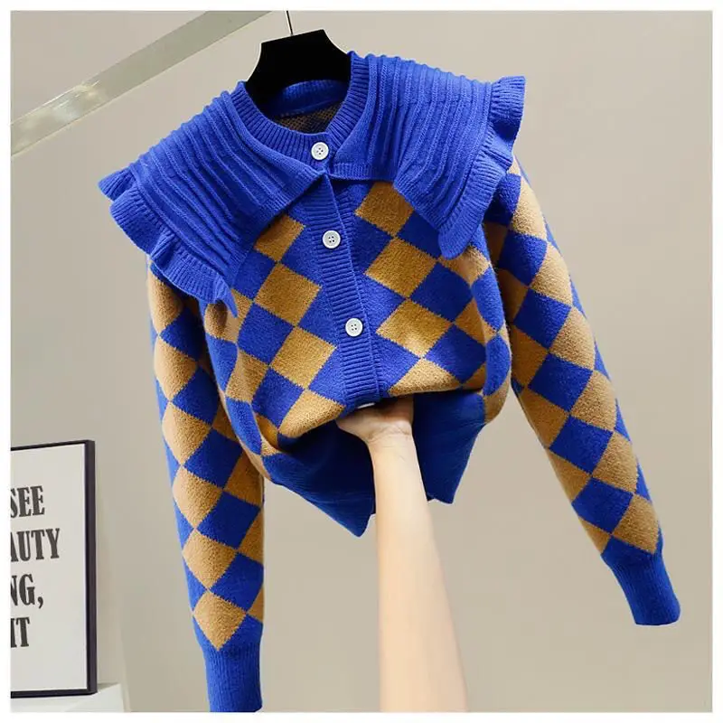 

Peter Pan Collar Sweater Women Spring and Autumn Loose Cardigan Sweater Coat Diamond Plaid Long-sleeve Knitted Cardigan N63