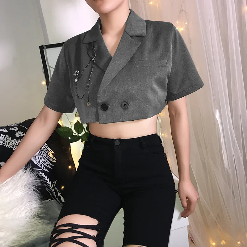 Women Gothic Chain Short Blazer Solid Color Single Breasted Short Suit Street Indie Fashion Punk Clothing Cool Girl Blazer Suits