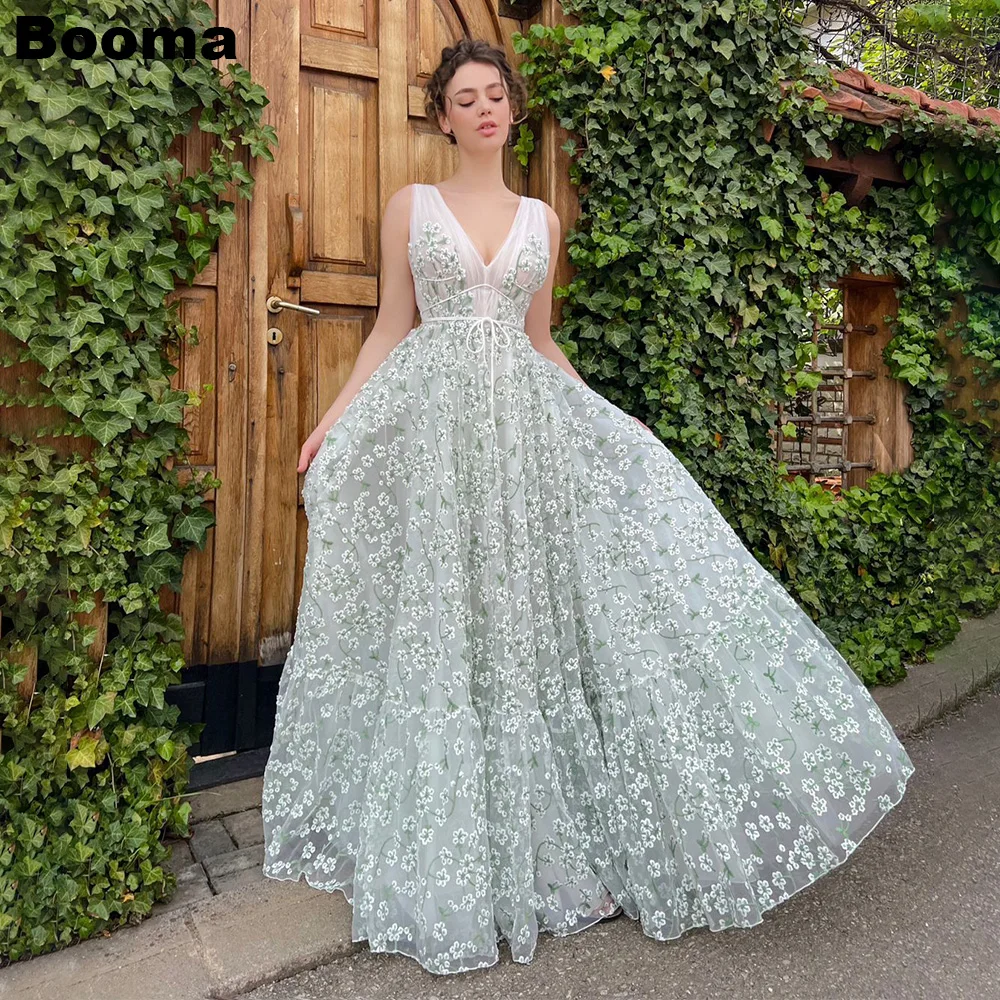 

Booma Embroidery Lace A Line Prom Dresses Deep V Neck Sleeveless Long Party Evening Dresses Formal Events Gowns Celebrate Dress