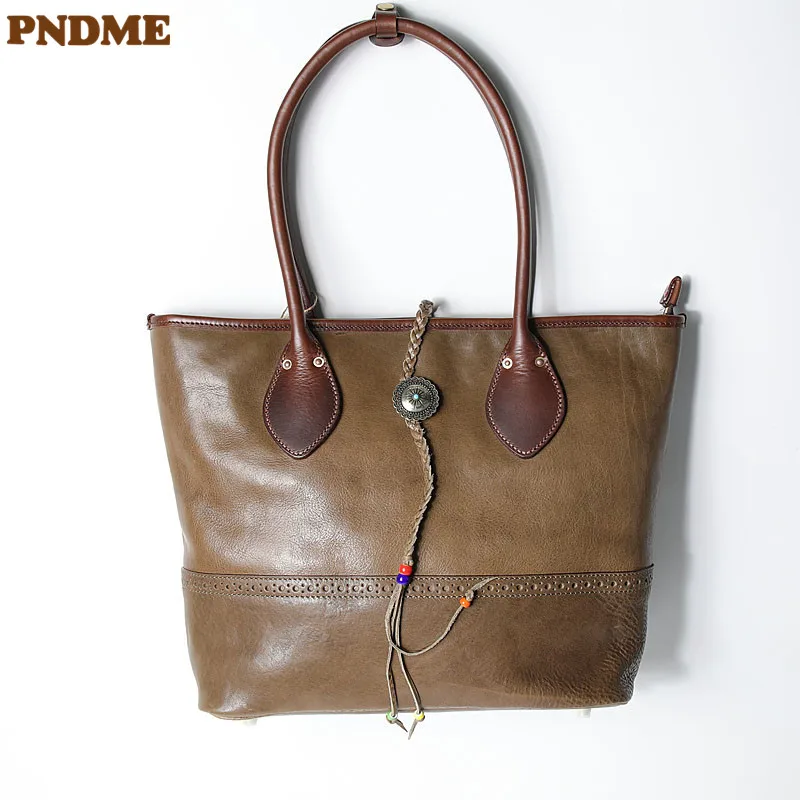 PNDME retro fashion high quality natural real leather men green tote bag simple casual outdoor work large capacity shoulder bag