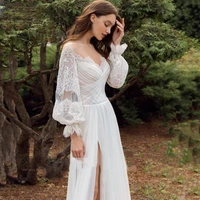 bohemian lace long sleeves chiffon wedding dresses beach boho v neck split off shoulder bridal gown robe de mari%c3%a9e 2022