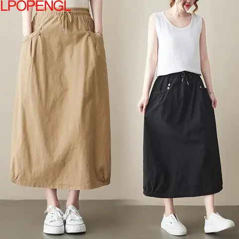 Cotton And Linen Skirt Women's Mid-length 2022 Summer New Literary Retro Loose Vintage solid oversized A-line Skirt Cotton And Linen Skirt Women's Mid-length 2022 Summer New Literary Retro Loose Vintage solid oversized A-line Skirt