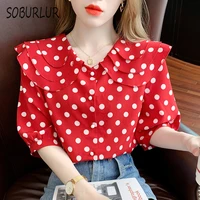 soburlur kawaii polka dots shirts casual korean fashion all match womens blouses 2022 summer new loose short sleeve tunics chic