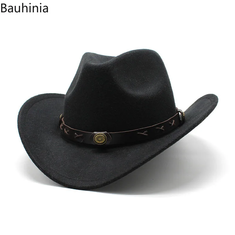 Bauhinia Classic Women Men Western Cowboy Hat Spring and Autumn Woolen Jazz Hat with Band Wide Brim Outdoor Vintage Top Hats
