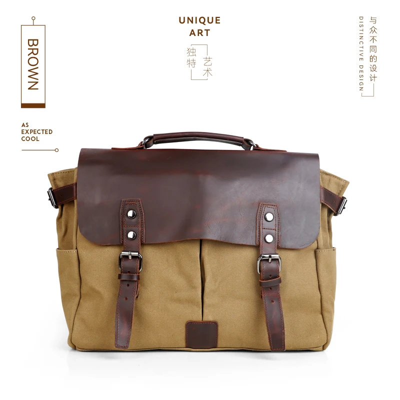 Canvas Messenger Bag For Men Vintage Waterproof 14 Inch Laptop Handbag Genuine Leather Briefcase Shoulder Bags