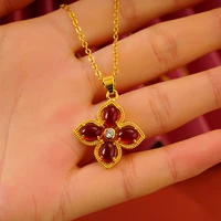 vamoosy elegant maple leaf pendant dubai india africa necklaces for women red rhinestone 24k gold chains jewelry weddings gifts