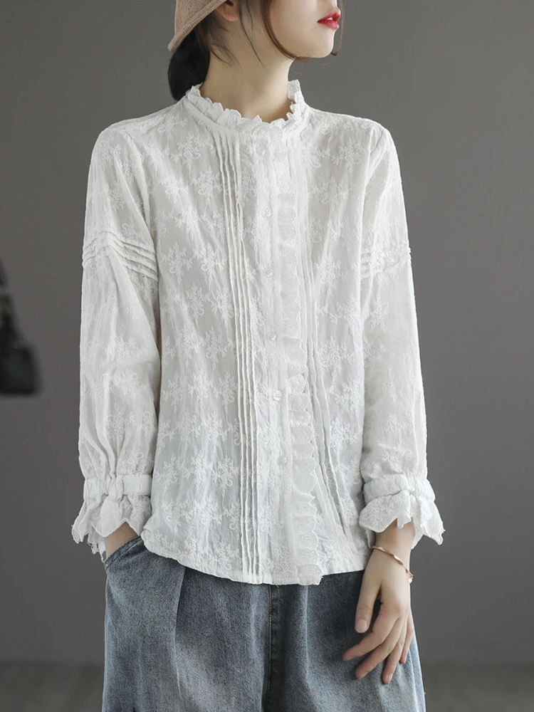 

White Shirt 2023 Spring Autumn New Women Fashion Ruffled Collar Embroidered Blouse French Long Sleeve Ladies Shirts Retro Tops