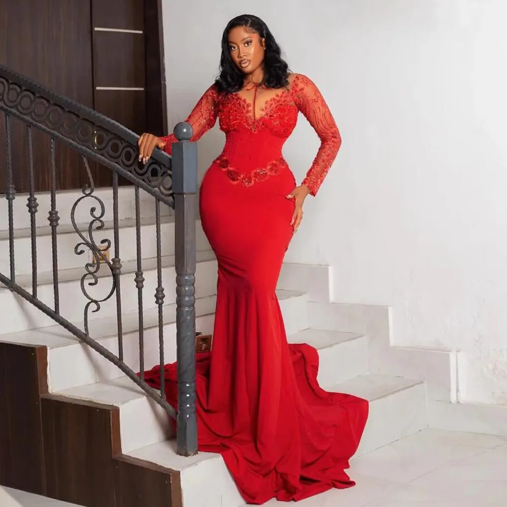 Роскошные красные платья русалки для выпускного вечера с бисером элегантное