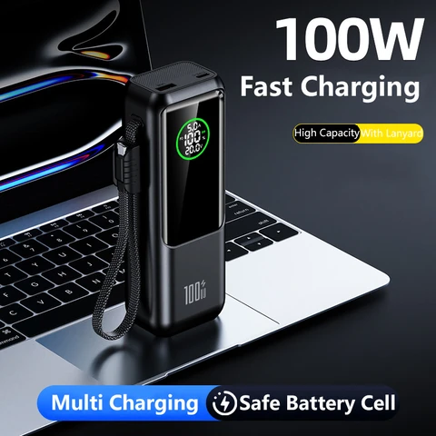 Power Bank 20000 мАч с кабелем PD100W Портативное зарядное устройство для быстрой зарядки Powerbank для ноутбука iPhone Samsung Xiaomi Внешняя батарея