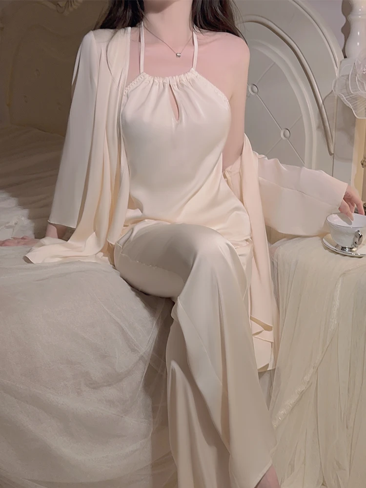 Сексуальная пижама с поясом на животе комплект из трех предметов висячая шея Pure