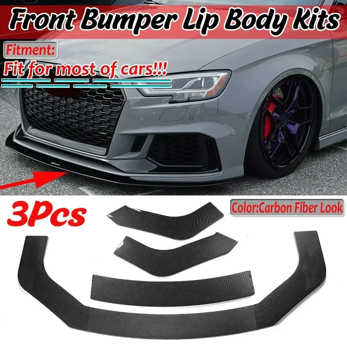 3x Carbon Fiber Look Universal Car Front Lip Bumper Splitter Spoiler Guard For AUDI A3 A4 A5 A6 A7 A8 Q3 Q5 Q7 RS5 Body Kit
