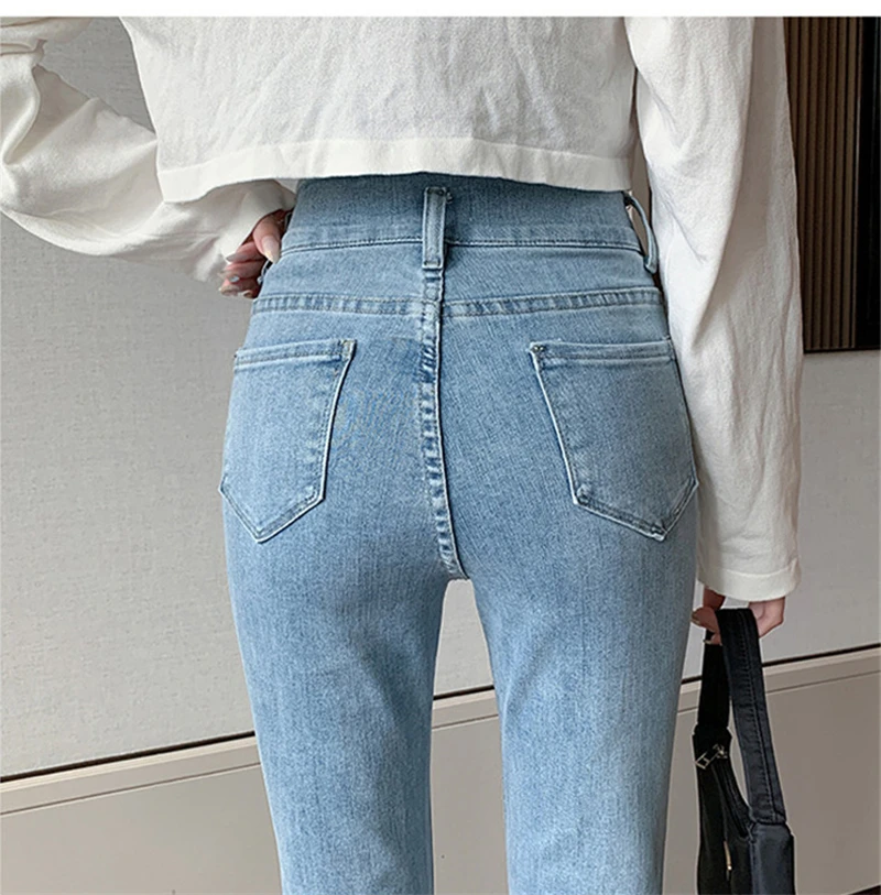 Classical Solid Jean Pop Bottom Pants Vintage Burrs High Waist Slim Flared Jeans for Women Two Button Denim Trousers Female 2023