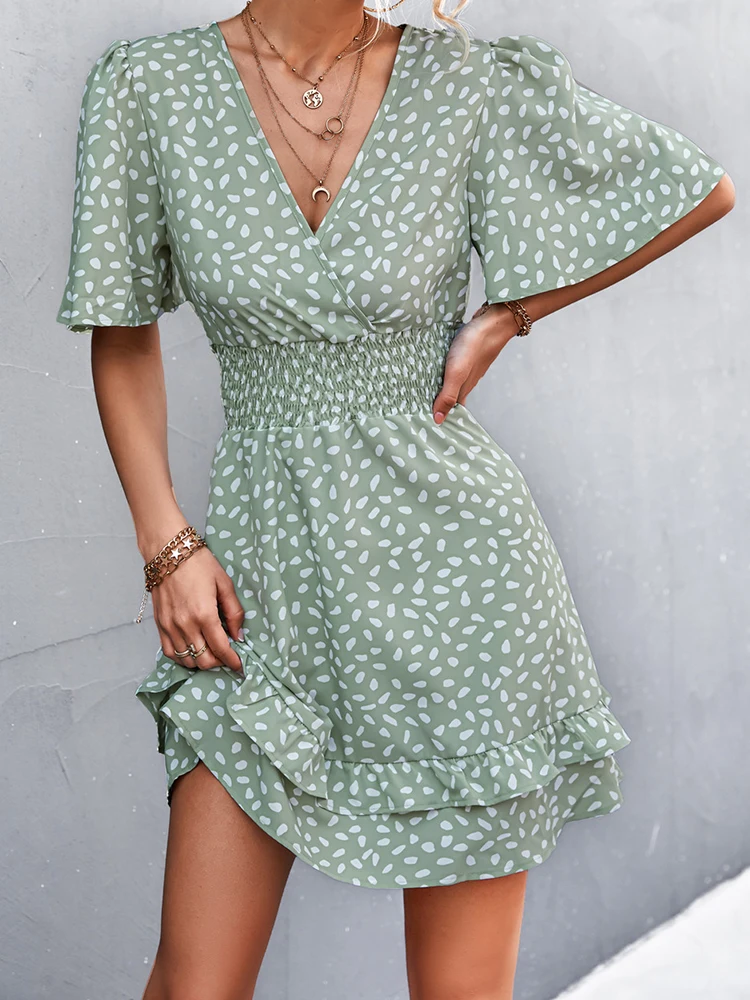 

Платье женское с V-образным вырезом, пикантное элегантное модное мини-платье в горошек, с рукавом в виде листьев лотоса, в стиле бохо, на лето