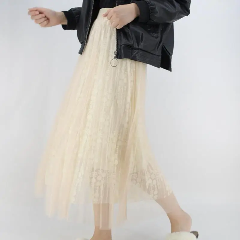 

2022Spring New Simple Pure Color Hollow Lace Mesh Skirt Korean Elastic High Waist Casual Sweet Women Pleated Skirt Free Shipping
