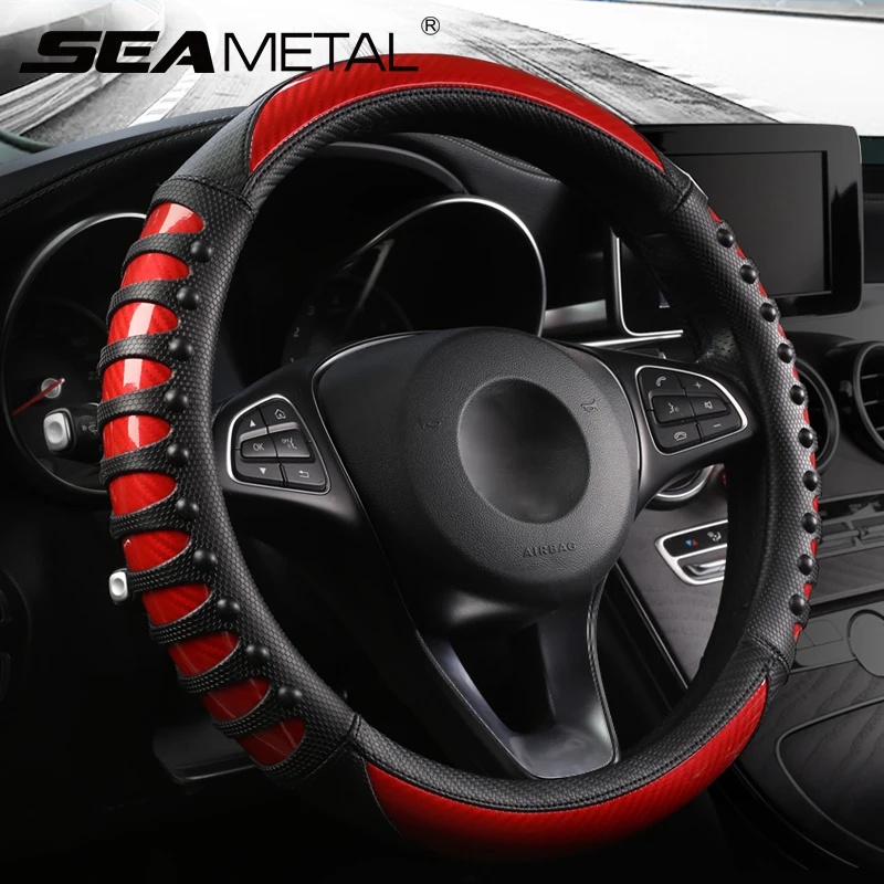 

SEAMETAL Premium Steering Wheel Cover Carbon Fiber Sport Steer Wheel Cover Protector with Massage Studs Anti Skid 38CM Universal