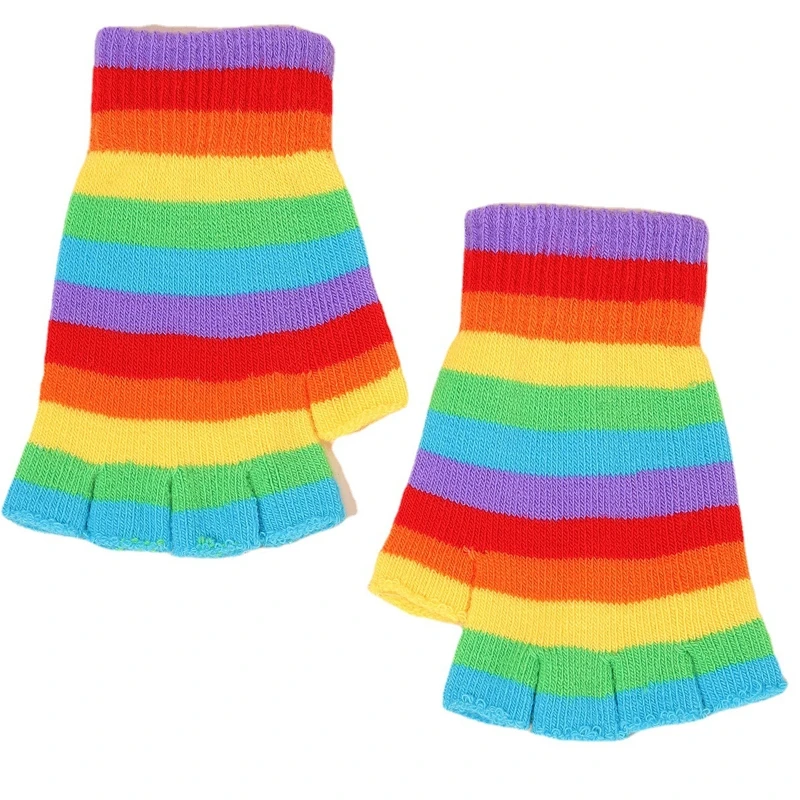 

Rainbow Gloves Fingerless Split Finger Winter Warm Crochet Gloves Knit Gloves Touchscreen Striped Fingerless Gloves