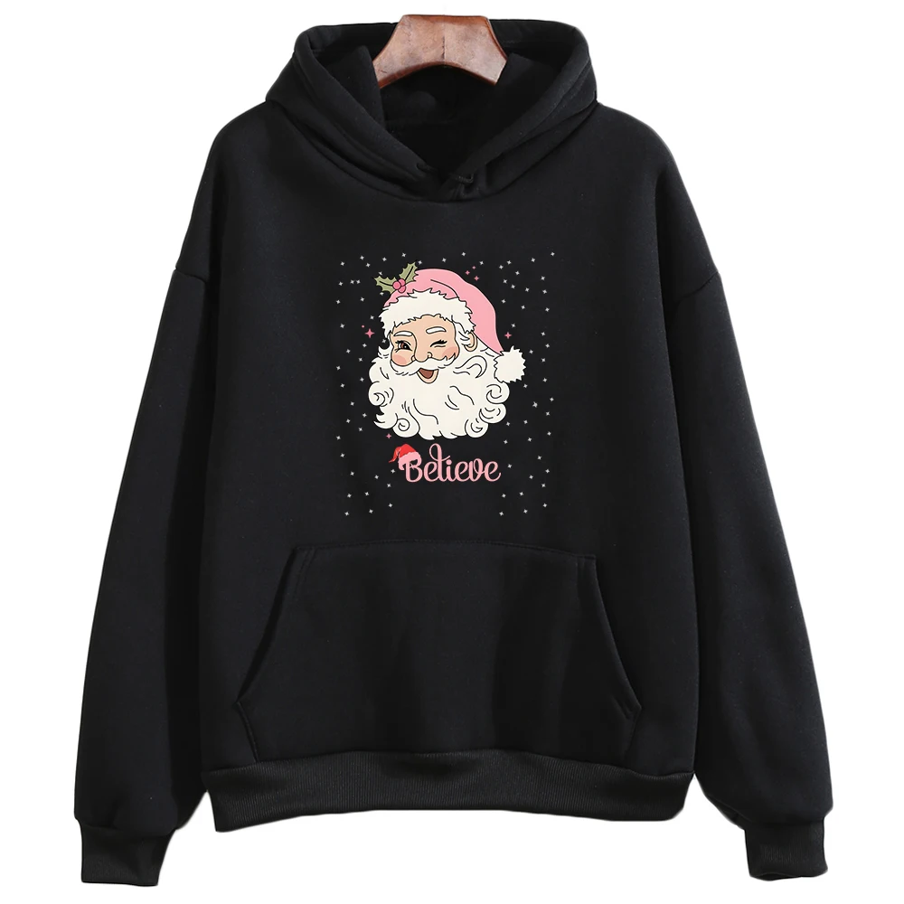

Retro Vintage Pink Santa Claus Believe Hoodies Merry Christmas Happy New Year Sweatshirts Girls Clothes Long Sleeve Kawaii Hoody