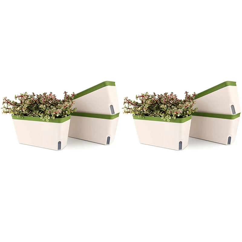

Self Watering Planter Pot Rectangle 10.5 Inch Set Of 6, Plastic Plant Pot With Visual Water Level Window Green