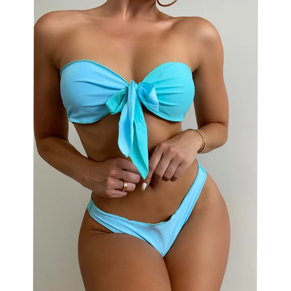

2023 Summer New Europe And America Sexy Contrast Color Knot Bikini Set Wrapped Chest Swimwear