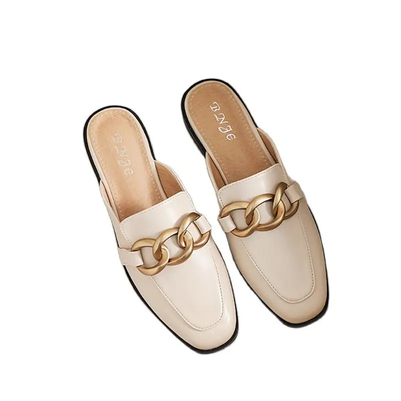 

Woman mules fashion design Flat Square Toe Chain Backless Shoes Summer outdoor and indoor office wear White black free delivery