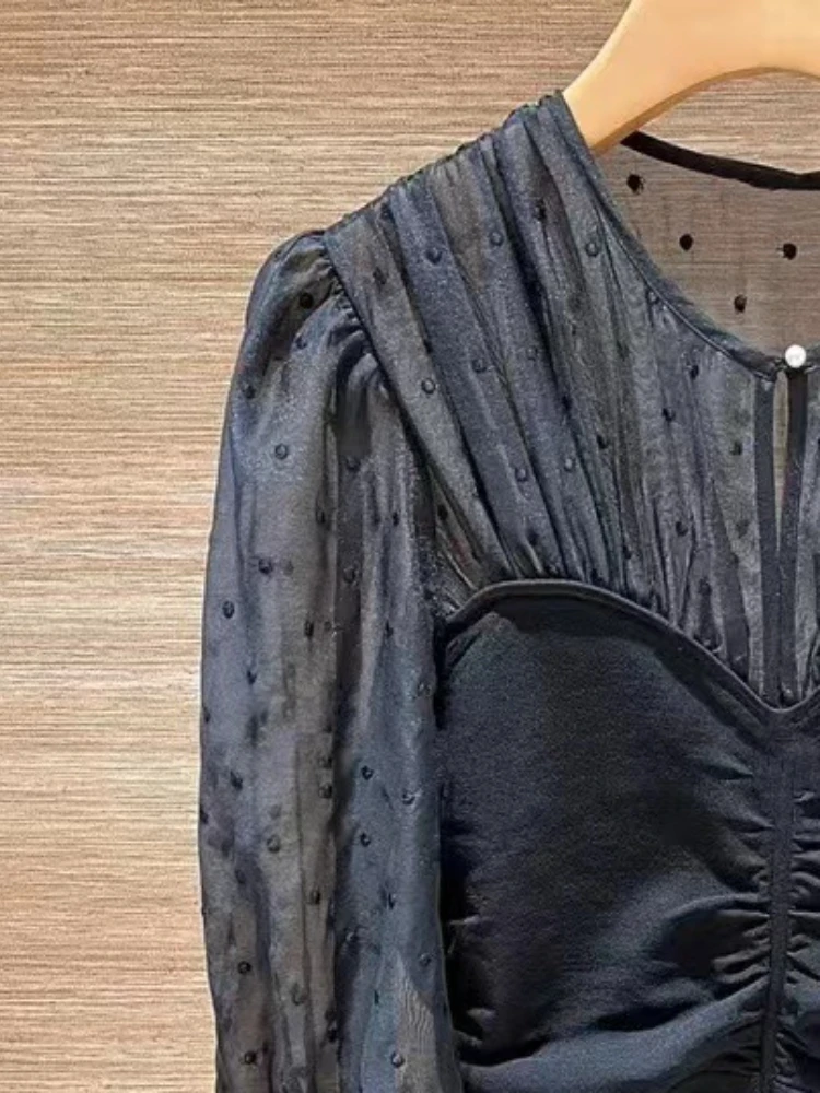 

Women Sexy Elegant Slim Dress 2023 Spring Summer New Vintage Black O Neck Lantern Long Sleeve See-through Dresses Mini Vestidos