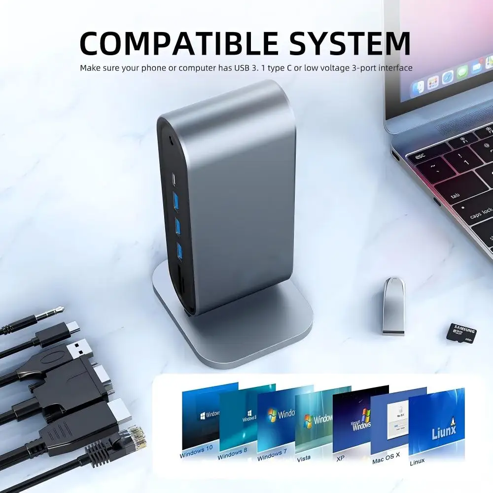 Фото Док-станция NULOXO 12-в-1 USB-C с поддержкой двух мониторов, HDMI, VGA, 100W PD, 4 портами USB 3.0, Ethernet, аудиовыходом, слотами SD/TF для Mac/Windows №5