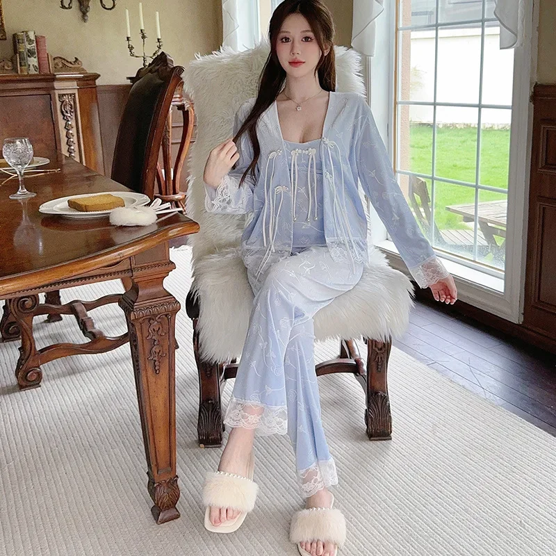 3PC Velour Pajamas Set Women Lace Sleepwear Suit Spring Autumn Velvet Nightwear Lounge Wear Pyjamas Nighties Home Clothes