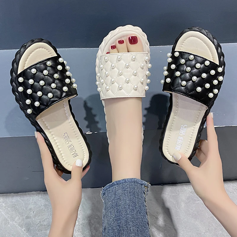 

Шлепанцы женские пляжные, мягкие тапки на платформе, со шнуровкой, бусинами, сланцы, роскошная обувь на плоской подошве, модная обувь, 2022