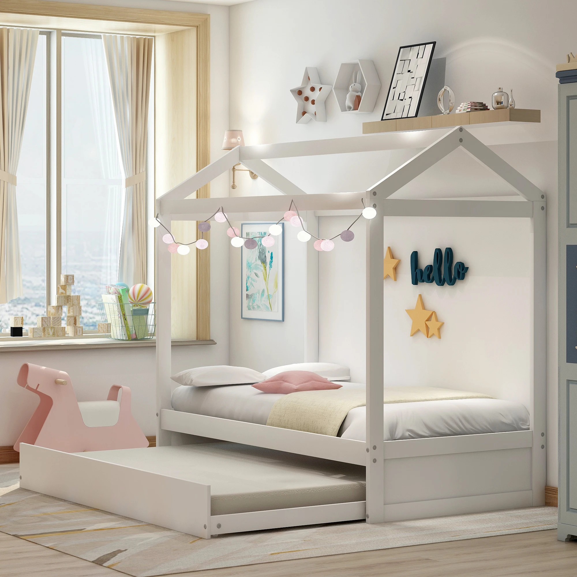 Children's Bed with Trundle for 2-4 Kids House Shape Boys and Girls Solid Wood Cot with Slatted Frame