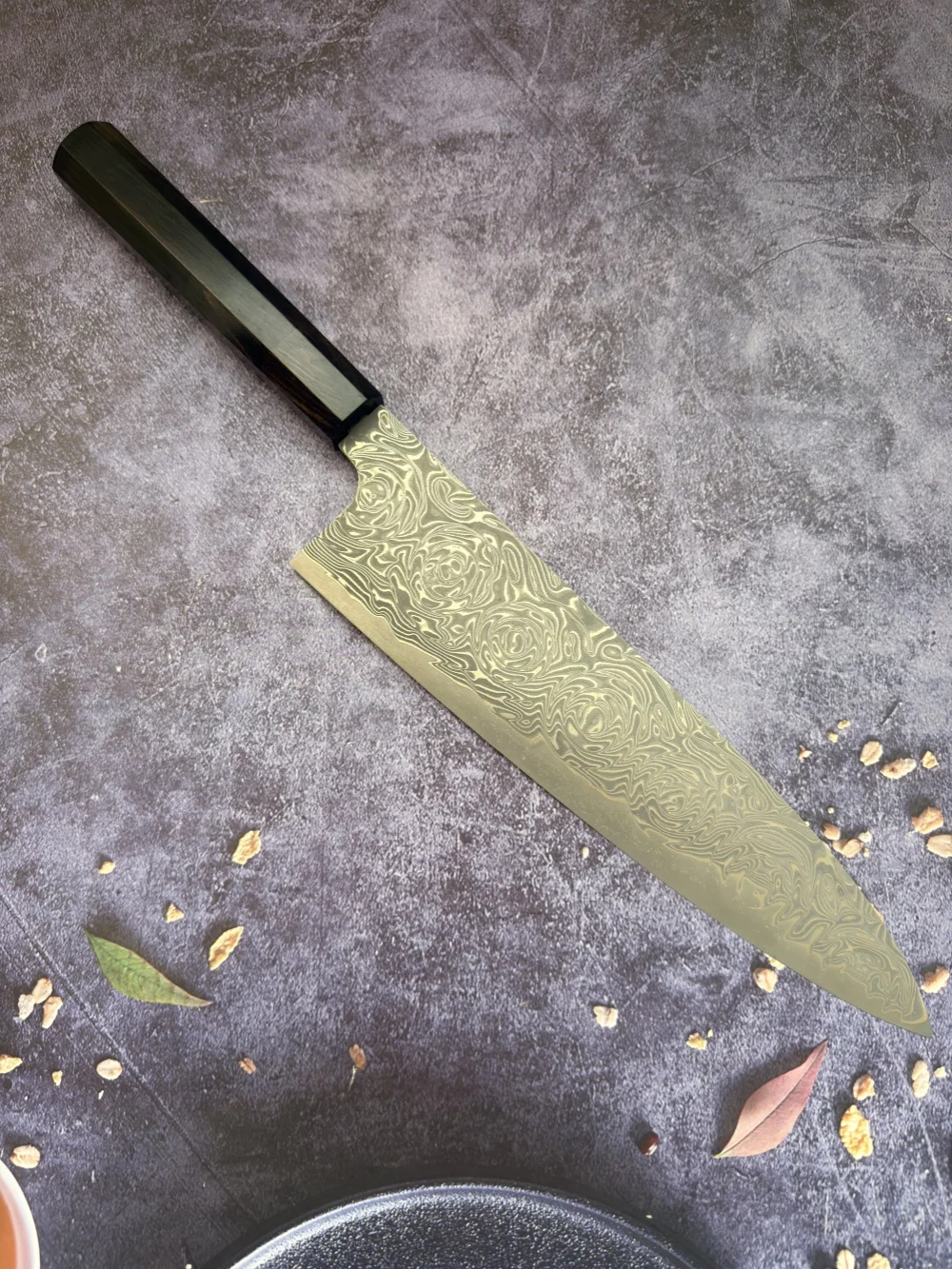 Фото Нож RHON Gyuto, 67 слоев, сердцевина из стали VG10, дамасская сталь, рукоять из черного дерева, для японской кухни, для нарезки, разделки, универсальный, поварской нож №1