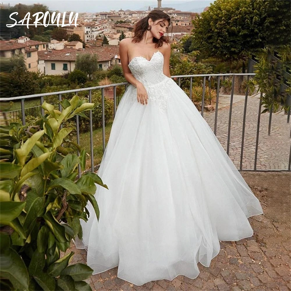 

Classic A-line Wedding Dress Tulle Lace Bride Dresses Sweetheart Neckline Strapless Wedding Bridal Gown Custom Made