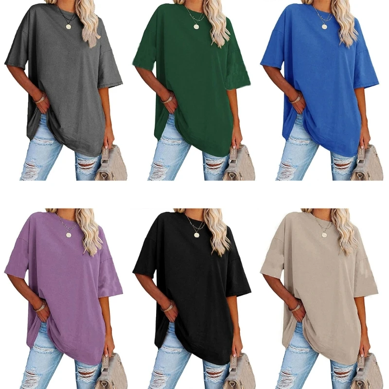 

Женская футболка оверсайз с рукавом до локтя, однотонная Повседневная Туника с открытыми плечами, топы 10CD