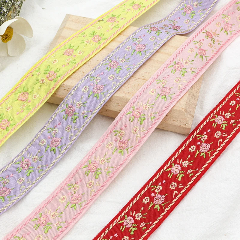 

5Yards 2.5cm Shiny Floral Jacquard Ribbon Woven Webbing Tape Ethnic Trim Embroidered Lace DIY Garment Curtain Sewing Fabric