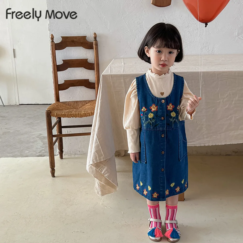 

Freely Move 2022 Summer Kids Clothing Dresses For Girls Sleeveless Denim Wash Embroidery Strap Dress Princess Dress For Girls