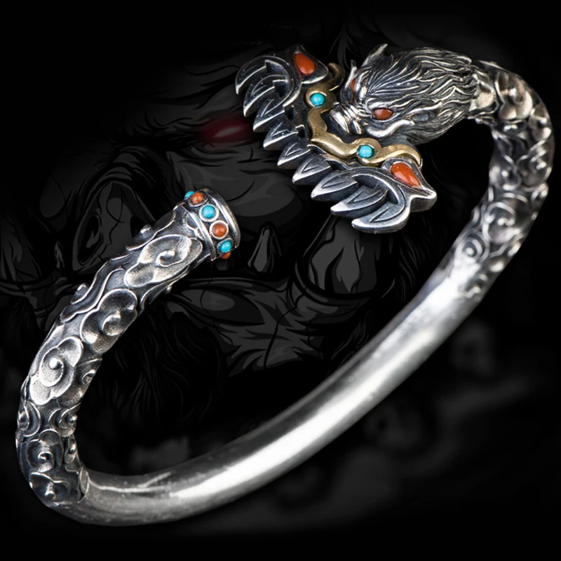 

New Silver Men's Bracelet Zhu Bajie Nine Tooth Nail Rake Retro Personality Domineering Open Style Handsomely Dressed