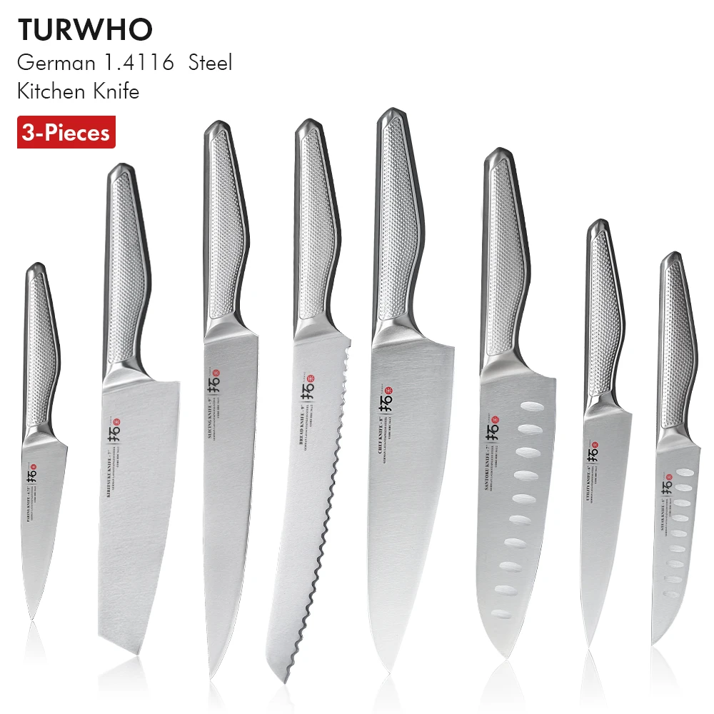 

TURWHO 3PCS Kitchen Knives Set German 1.4116 Stainless Steel Chef Knife Japanese Sharp Santoku Slicing Steak Utility Knife Sets