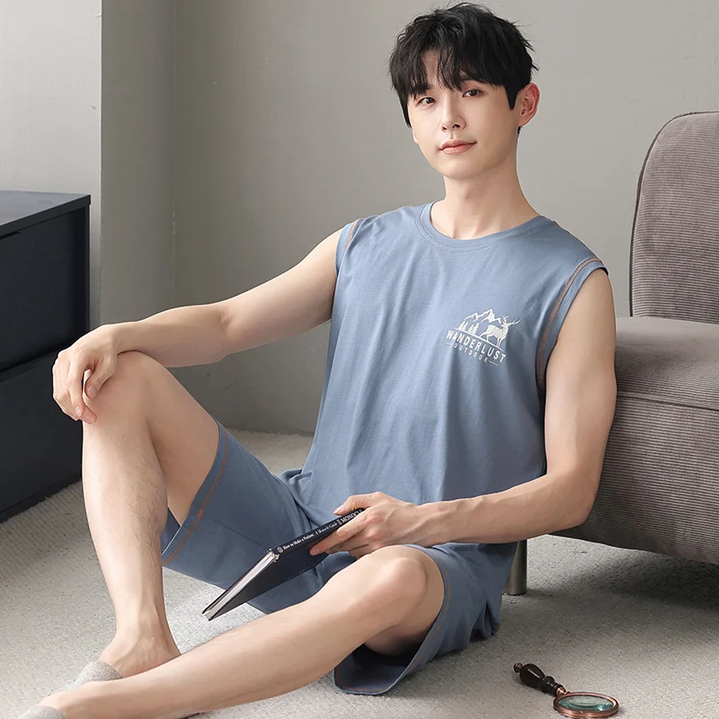 CAIYIER New 2023 Summer Men Pajamas Set Vest Top Shorts Sleepwear For Male Soft Cool Nightwear Cotton Casual Home Clothes L-4XL