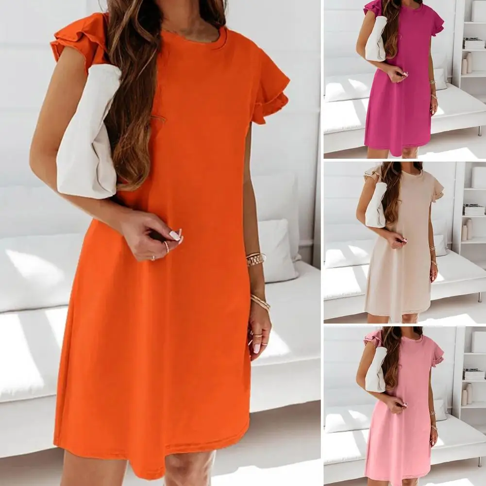 

O-Neck Loose Fit Simple Mini Dress Sweet Solid Color Ruffles Sleeve Shift Dress Female Clothes